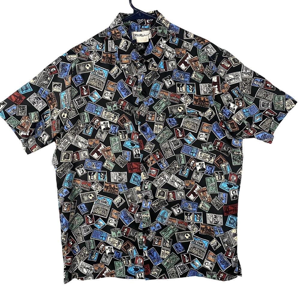 Vintage Tori Richard Black Stamp Hawaiian Button Up Shirt USA Made Mens Medium
